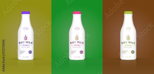 Set of Soy Milk Bottle with Colorful Background. Healthy Organic Product Made of Soy Beans. Vector Illustration. Advertising Template. Print.
