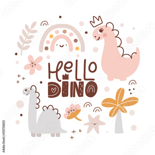 Cute vector kids Greeting card with dinosaur with crown and baby text Hello Dino. Cartoon dino Princess girl Scandinavian style illustration. Star  dots flower  rainbow. For children party