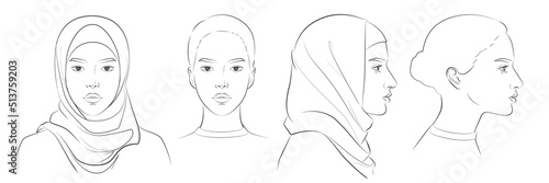Vector Arabian Muslim woman wearing hijab, niqab, chador, burqa dress and Abaya. Two dimension angles of Middle Eastern face portrait. Different view front, profile side view of a girl face in scarf
