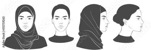 Vector Arabian Muslim woman wearing hijab, niqab, chador, burqa dress and Abaya. Two dimension angles of Middle Eastern face portrait. Different view front, profile side view of a girl face in scarf