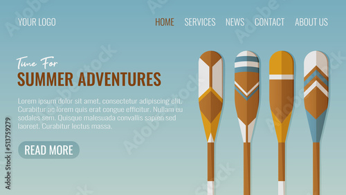 Oars on blue background, web template, vector illustration in cartoon nautical marine style. Time for adventure. Travel, rest concept. For banner, poster, website interface, advertising, landing page