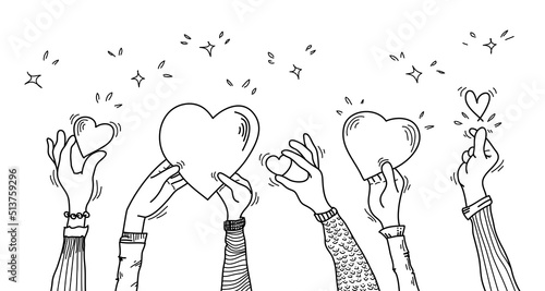Doodle hands up. hands clapping. Concept of charity and donation. Give and share your love to people. hands gesture on hand drawn style. vector illustration