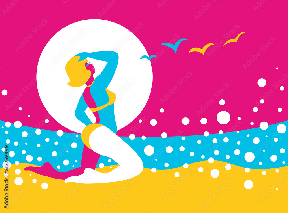 Girl and the sunset on the sea. Bright flat style illustration