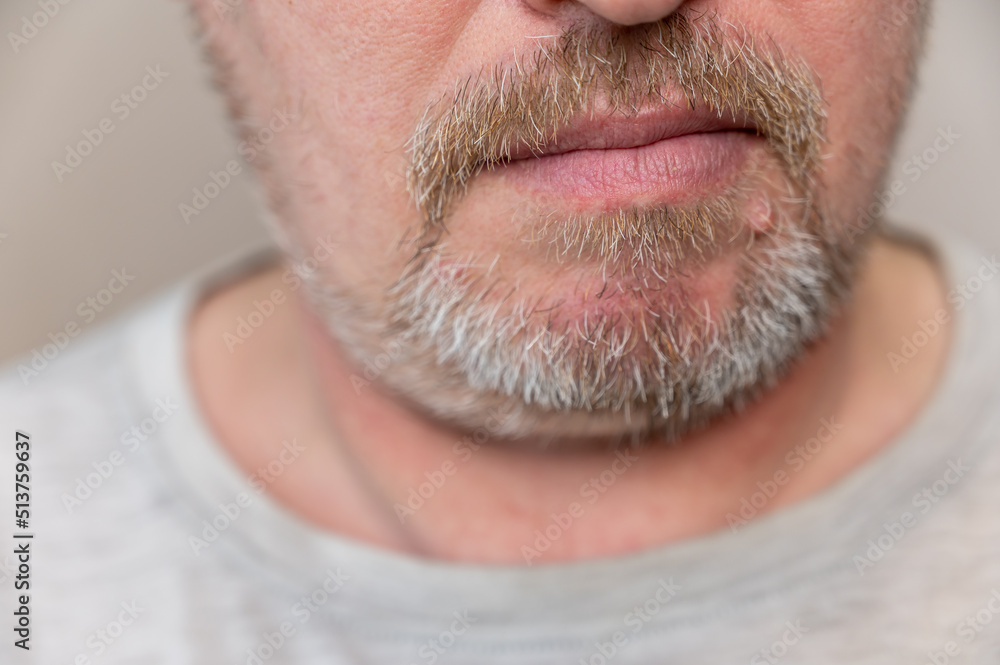 Obraz premium The lower part of the man's face. Calm Mature man with stubble. Gray hair on beard and mustache. The bottom of the man's face. Selective focus.