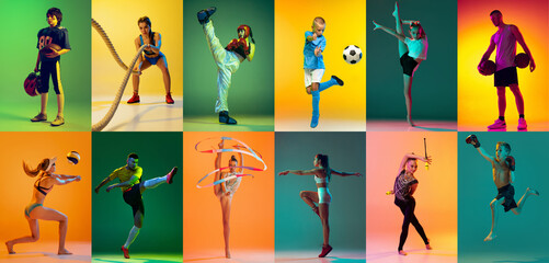 Group of professional sportsmen and kids with sport equipment isolated on multicolored background in neon light. Flyer. Advertising, sport life concept