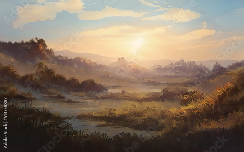 Fantastic Epic Magical Landscape of Mountains. Summer nature. Mystic Valley, tundra, forest. Gaming assets. Celtic Medieval RPG background. Rocks and grass. Sunrise, sunset. Lakes and rivers