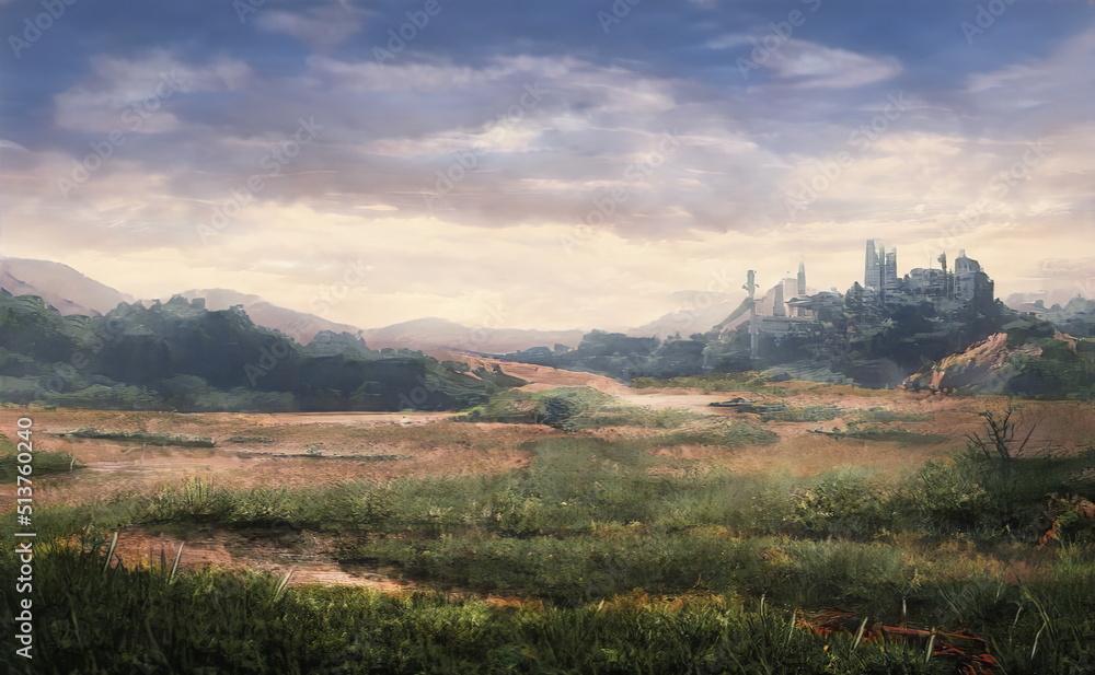 Fantastic Epic Magical Landscape of Mountains. Summer nature. Mystic Valley, tundra, forest. Gaming assets. Celtic Medieval RPG background. Rocks and canyon. Ruins of an old castle