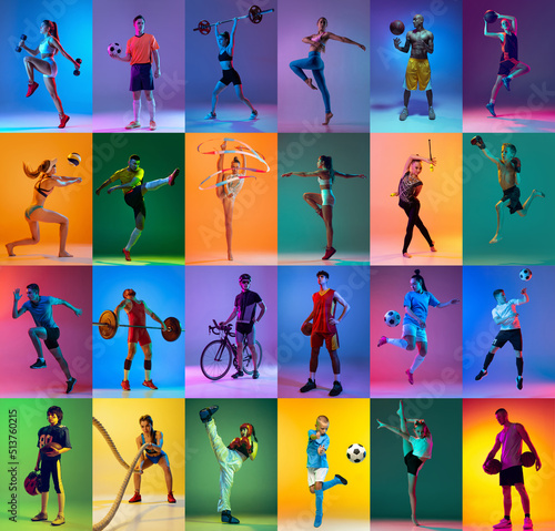 Set of images of different professional sportsmen, fit people and kids in action, motion isolated on multicolor background in neon. Collage