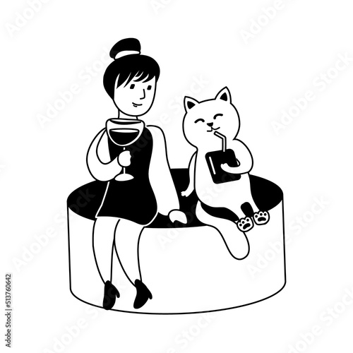 Black and white simple drawing of a cartoon girl and cat sitting on a cylinder with drinks