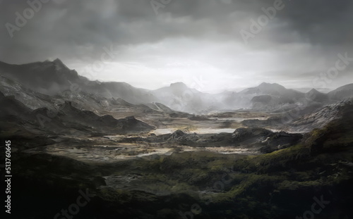 Fototapeta Naklejka Na Ścianę i Meble -  Fantastic Epic Magical Landscape of Mountains. Summer nature. Mystic Valley, tundra. Gaming assets. Celtic Medieval RPG background. Rocks and grass. Beautiful sky and clouds.