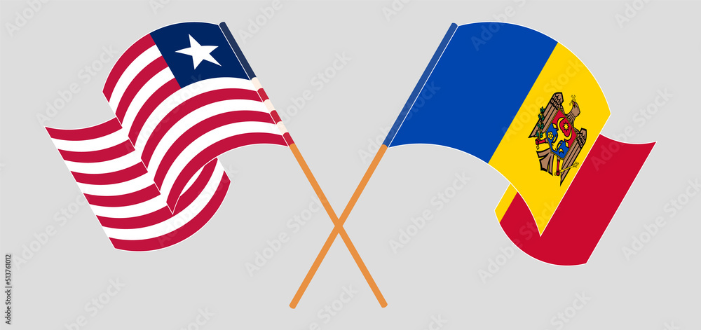 Crossed and waving flags of Liberia and Moldova Crossed and waving flags of Liberia and Moldova