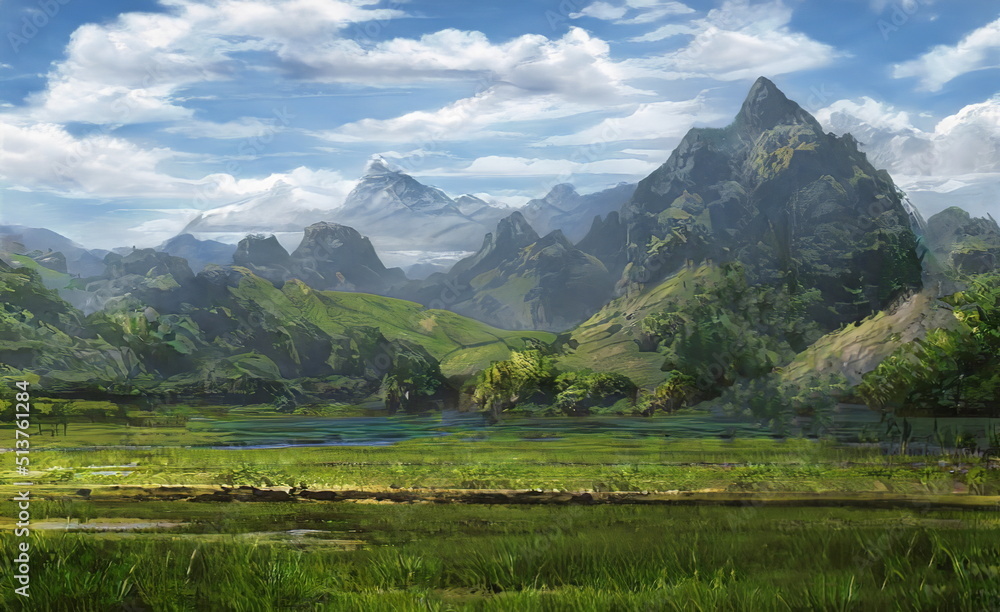 Fantastic Epic Magical Landscape of Mountains. Summer nature. Mystic Valley, tundra, forest. Gaming assets. Celtic Medieval RPG background. Rocks and grass. Beautiful sky and clouds.   