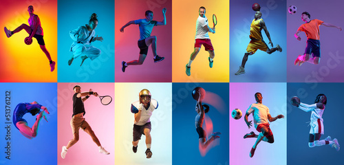 Fotografia Collage of professional sportsmen in action and motion isolated on multicolored background in neon light