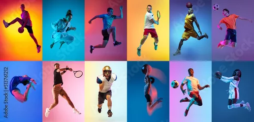 Obraz Collage of professional sportsmen in action and motion isolated on multicolored background in neon light. Flyer. Advertising, sport life concept