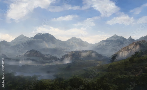 Fototapeta Naklejka Na Ścianę i Meble -  Fantastic Epic Magical Landscape of Mountains. Summer nature. Mystic Valley, tundra, forest. Gaming assets. Celtic Medieval RPG background. Rocks and grass. Beautiful sky and clouds.   