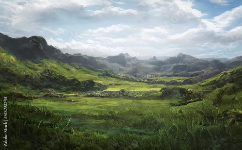 Fantastic Epic Magical Landscape of Mountains. Summer nature. Mystic Valley, tundra, forest. Gaming assets. Celtic Medieval RPG background. Rocks and grass. Beautiful sky and clouds. 