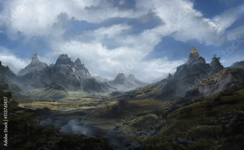 Fantastic Epic Magical Landscape of Mountains. Summer nature. Mystic Valley, tundra, forest. Gaming assets. Celtic Medieval RPG background. Rocks and grass. Beautiful sky and clouds. Lakes and rivers 