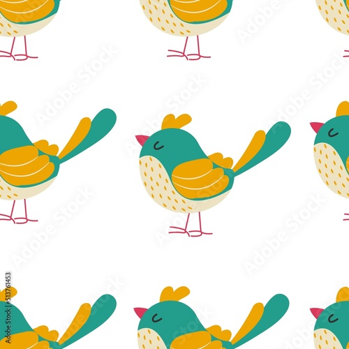 Colorful birds seamless pattern. Exotic birds in different print poses. Vector illustration.