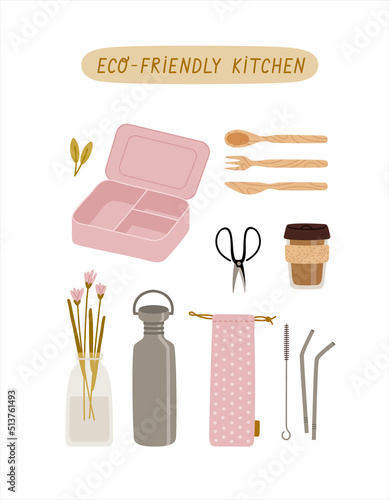 Set of zero waste reusable kitchen products with lettering. Lunch box, bamboo cutlery set, scissors, reusable coffee cup, reusable water bottle, metal straws, brush for cleaning, cotton bag, vase. 
