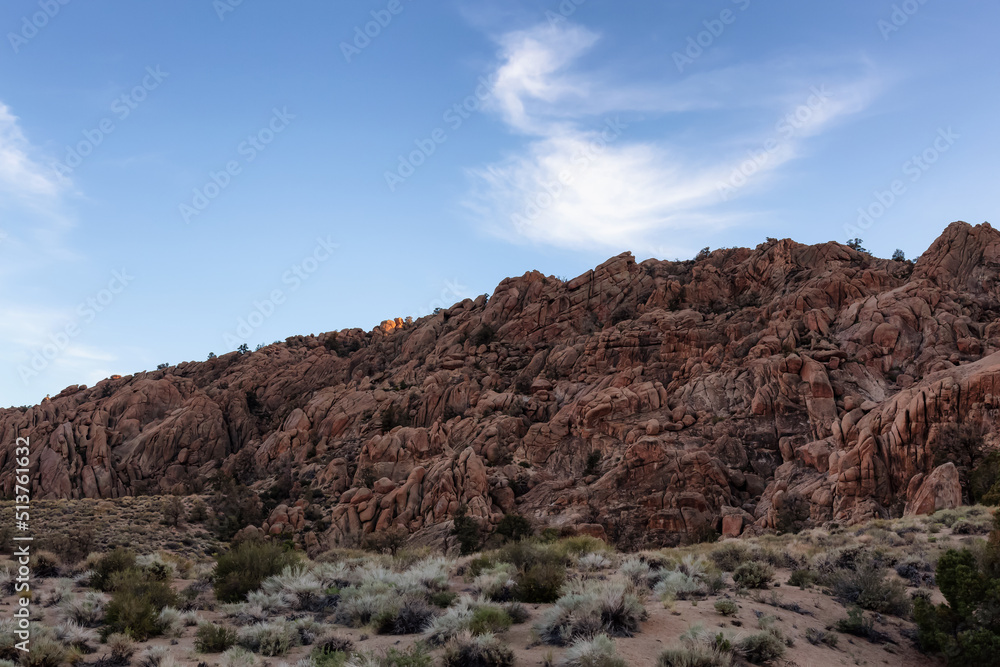 Dry rocky desert mountain landscape with trees. Sunny Sunset Sky. California, United States of America. Nature Background.