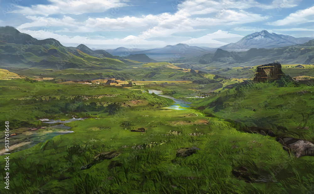 Fantastic Epic Magical Landscape of Mountains. Summer nature. Mystic Valley, tundra, forest. Gaming assets. Celtic Medieval RPG background. Rocks and grass. Beautiful sky and clouds.   