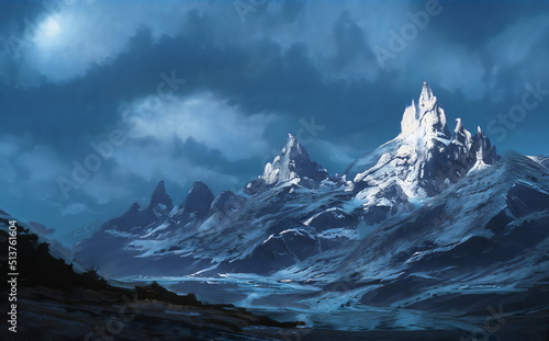 Fantastic Winter Epic Landscape of Mountains. Celtic Medieval forest. Frozen nature, ground. Glacier in the mountains. Mystic Valley. Artwork sketch. Gaming RPG background. Book cover, poster, banner 