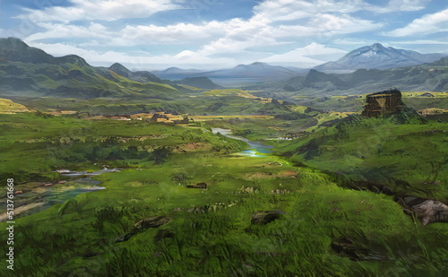 Fantastic Epic Magical Landscape of Mountains. Summer nature. Mystic Valley, tundra, forest. Gaming assets. Celtic Medieval RPG background. Rocks and grass. Beautiful sky and clouds. 