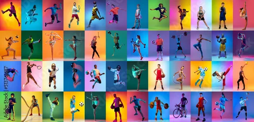 Obraz Group of professional sportsmen and kids with sport equipment isolated on multicolored background in neon light. Flyer. Advertising, sport life concept