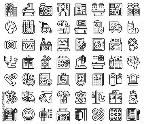 Emergency room icons set outline vector. Medical surgery. Scan health