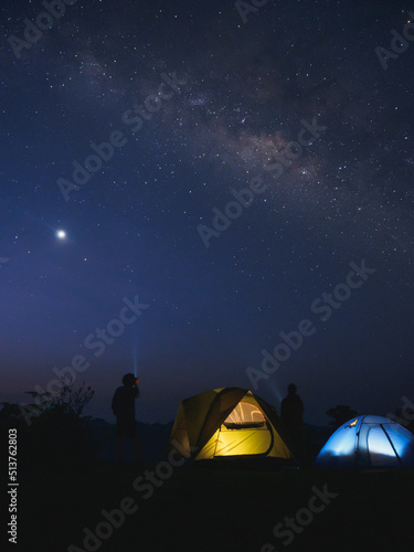 Tourists tents on mountain under the Milky Way