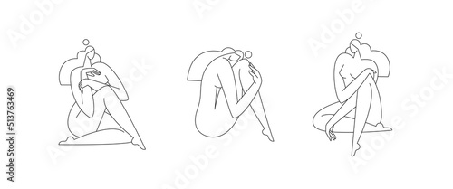 Contemporary female body vector illustration set. Nude woman silhouette in abstract pose. Feminine figure graphic design. Line art, editable strokes. Beauty, body care concept for logo. Modern art