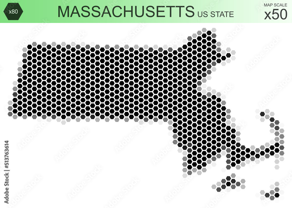 Dotted map of the state of Massachusetts in the USA, from hexagons, on a scale of 50x50 elements. With rough edges from a grayscale gradient on a white background.