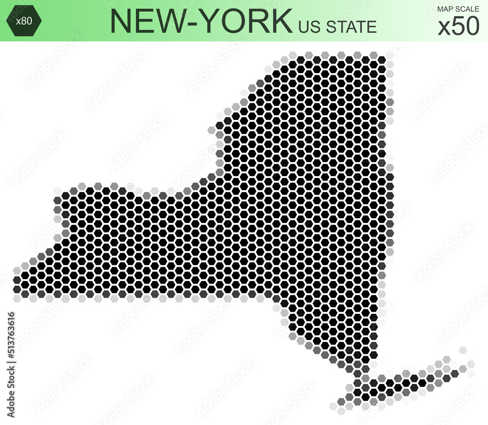 Dotted map of the state of New-York in the USA, from hexagons, on a scale of 50x50 elements. With rough edges from a grayscale gradient on a white background.
