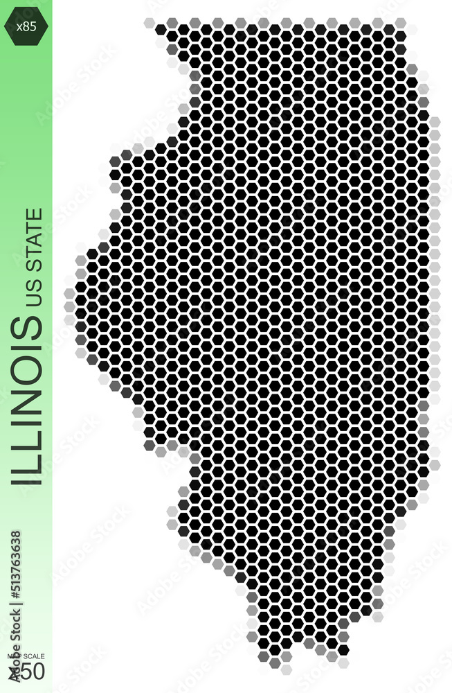 Dotted map of the state of Illinois in the USA, from hexagons, on a scale of 50x50 elements. With rough edges from a grayscale gradient on a white background.