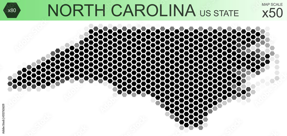 Dotted map of the state of North Carolina in the USA, from hexagons, on ...