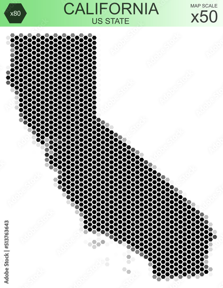 Dotted map of the state of California in the USA, from hexagons, on a scale of 50x50 elements. With rough edges from a grayscale gradient on a white background.