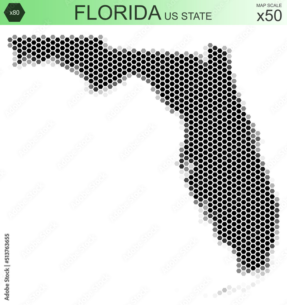Dotted map of the state of Florida in the USA, from hexagons, on a scale of 50x50 elements. With rough edges from a grayscale gradient on a white background.
