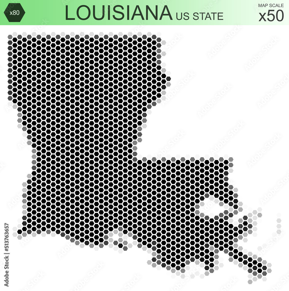 Dotted map of the state of Louisiana in the USA, from hexagons, on a scale of 50x50 elements. With rough edges from a grayscale gradient on a white background.