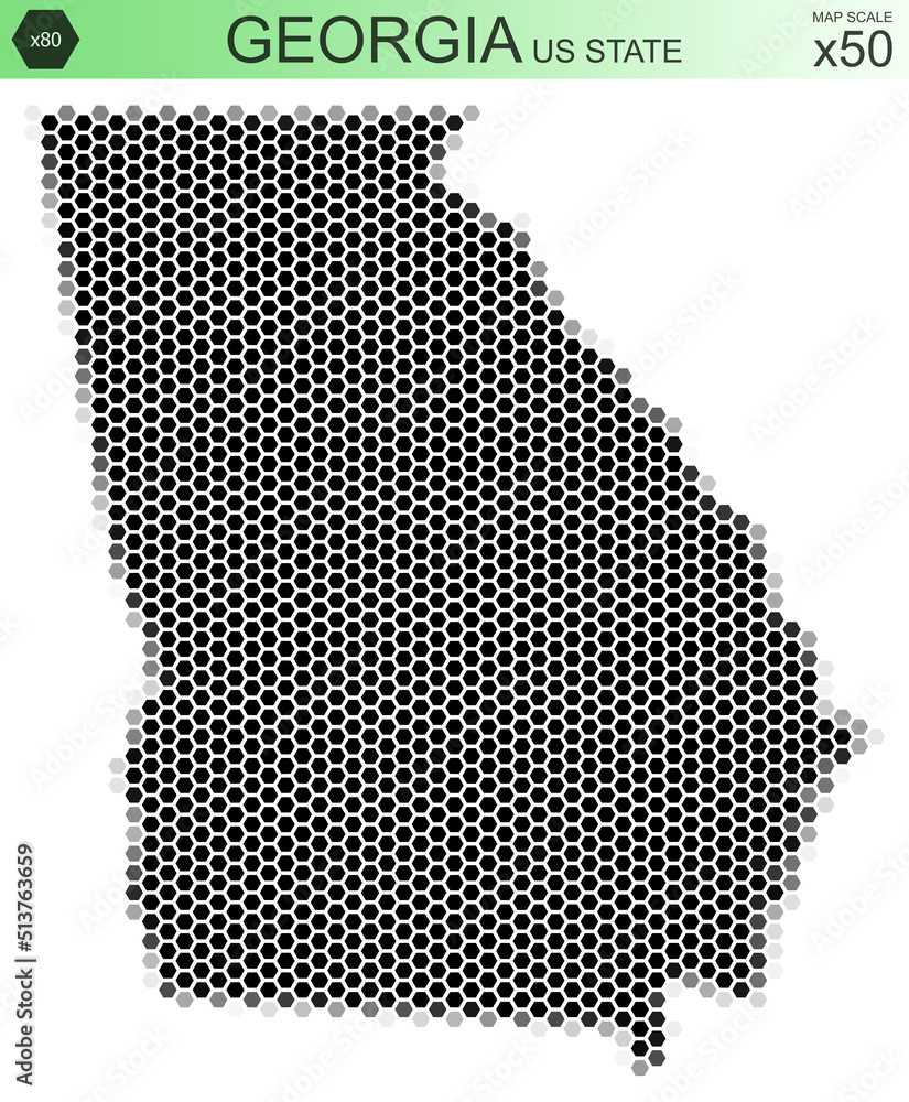 Dotted map of the state of Georgia in the USA, from hexagons, on a scale of 50x50 elements. With rough edges from a grayscale gradient on a white background.