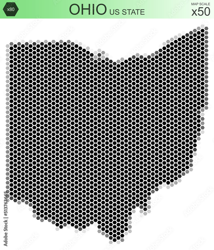 Dotted map of the state of Ohio in the USA, from hexagons, on a scale of 50x50 elements. With rough edges from a grayscale gradient on a white background.
