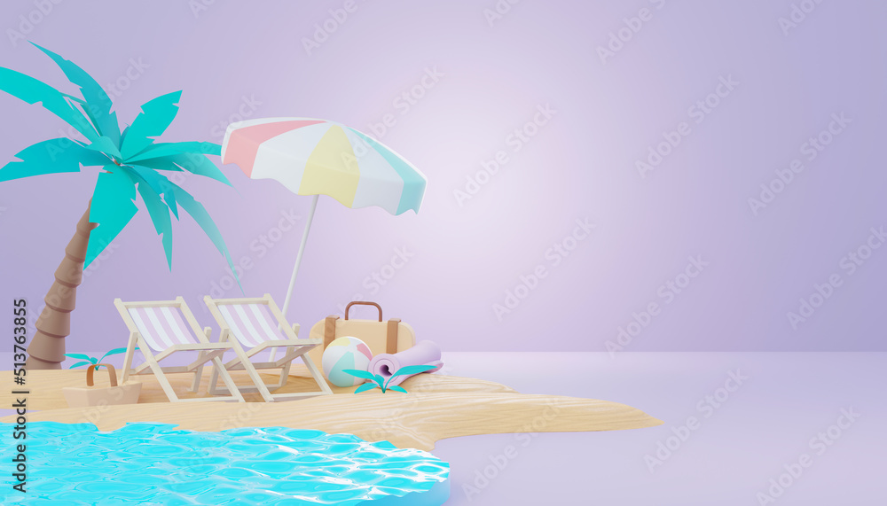 3d render Summer sale podium stand for showing product. Beach Vacations Scene in Summer for mock up.