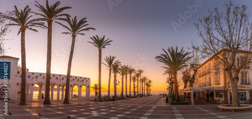 View of Plaza Balcon De Europa at sunrise in Nerja, Costa del Sol, Malaga Province, Andalusia photo