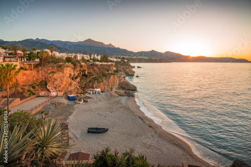 View of Playa de Calahonda beach and coastline at sunrise in Nerja, Costa del Sol, Malaga Province, Andalusia