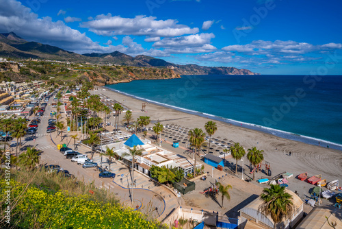 View of Playa de Burriana Beach and Mediterranean Sea, Nerja, Costa del Sol, Malaga Province, Andalusia photo