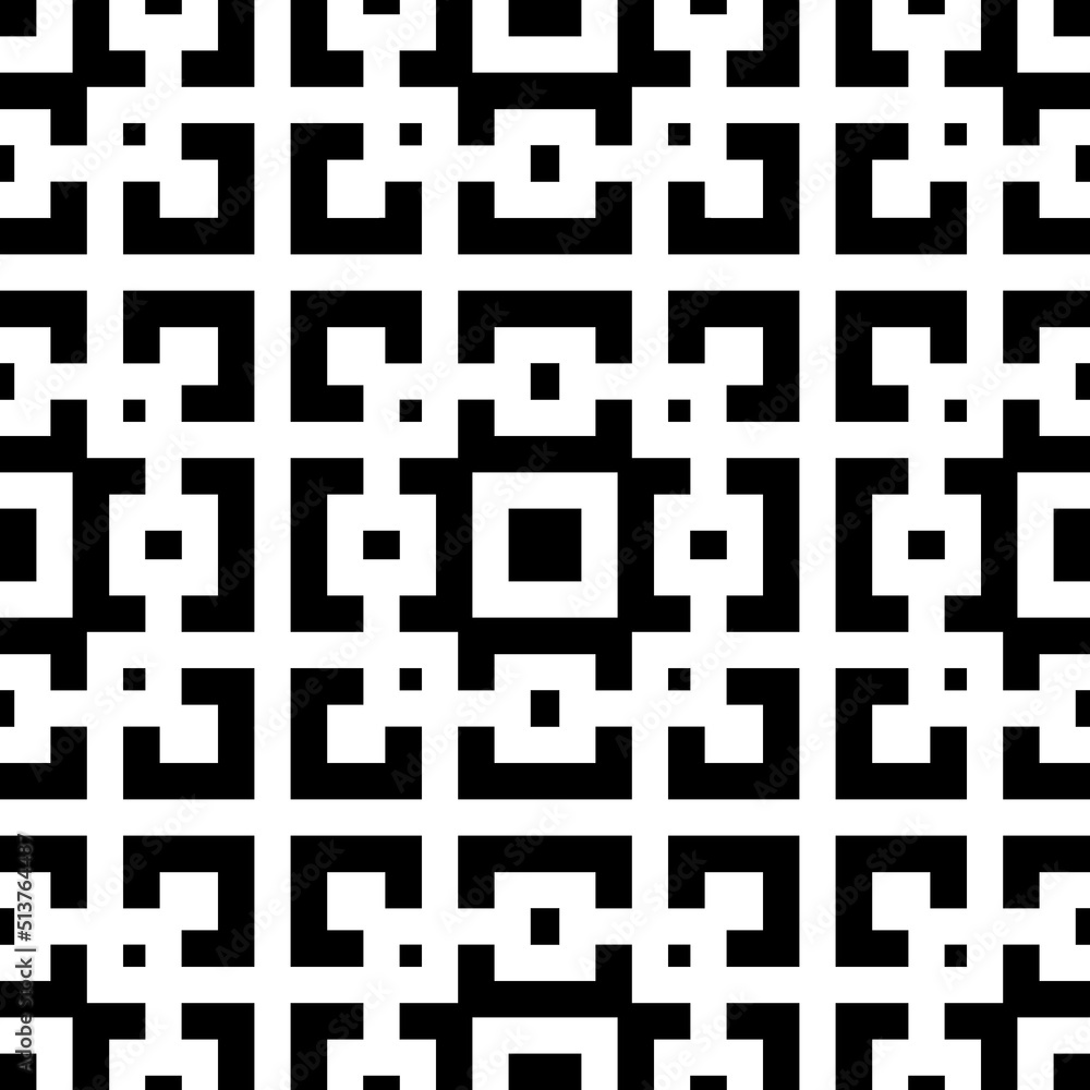 Repeated black squares and brackets on white background. Embroidery ornament motif. Symmetric geometric surface pattern design wallpaper. Digital paper for textile print, web designing. Vector art