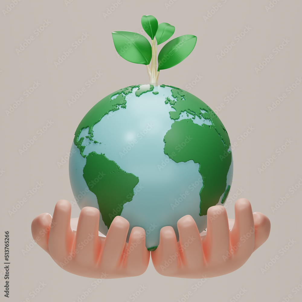Two Hands hold planet earth and plant icon. Earth day symbol. Globe with sapling, Eco Save the world, Clean environment, Sustainability or environmental protection concept. 3d rendering illustration. Two Hands hold planet earth and plant icon. Earth day symbol. Globe with sapling, Eco Save the world, Clean environment, Sustainability or environmental protection concept. 3d rendering illustration.