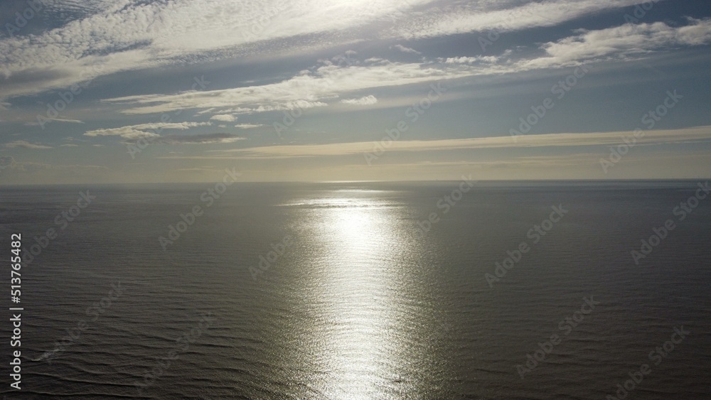 Aerial view over the sea at sunset. Taken in Cleveleys Lancashire England. 