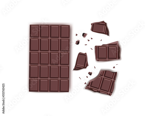 Realistic bar of chocolate with pieces on an isolated background