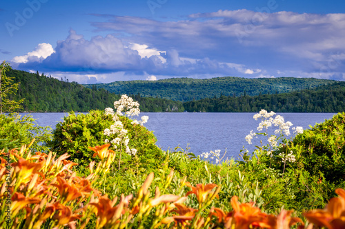 colorful landscape abroad a lake and deep woods of the High Laurentians under a cloudy blue sky, Quebec, Canada