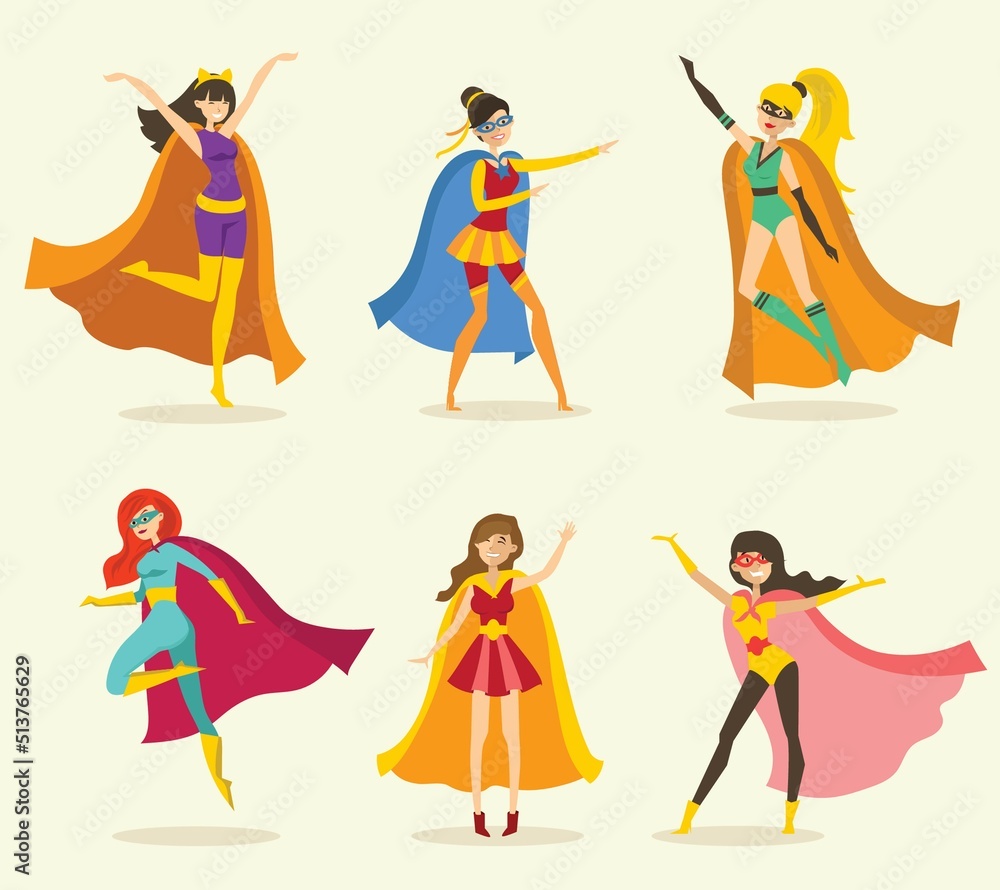 Vector illustrations in flat design of female superheroes in funny comics costume